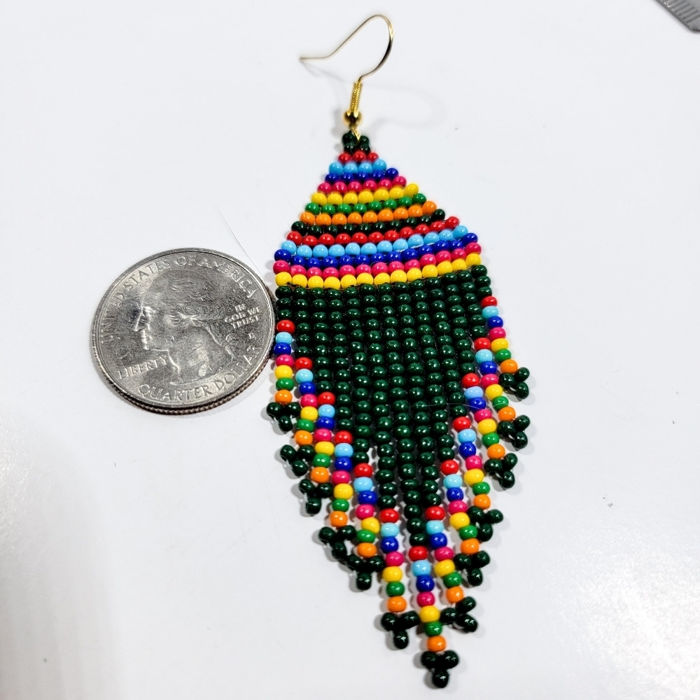 Handmade Forest Green Tribal Seed Bead Fringe Earrings - Picture 3 of 7